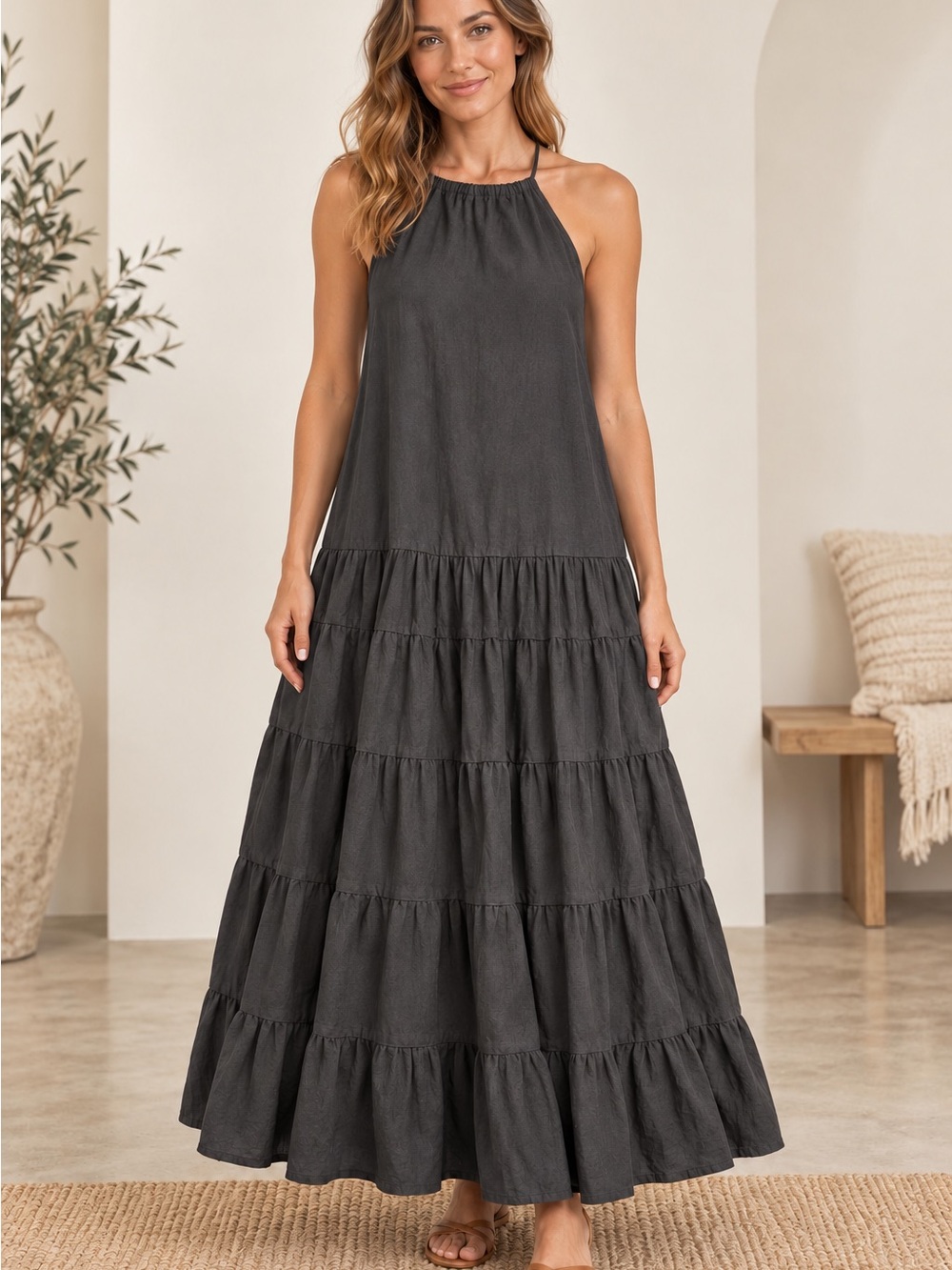 Free People Black Tiered Halter Maxi Dress Size Large
